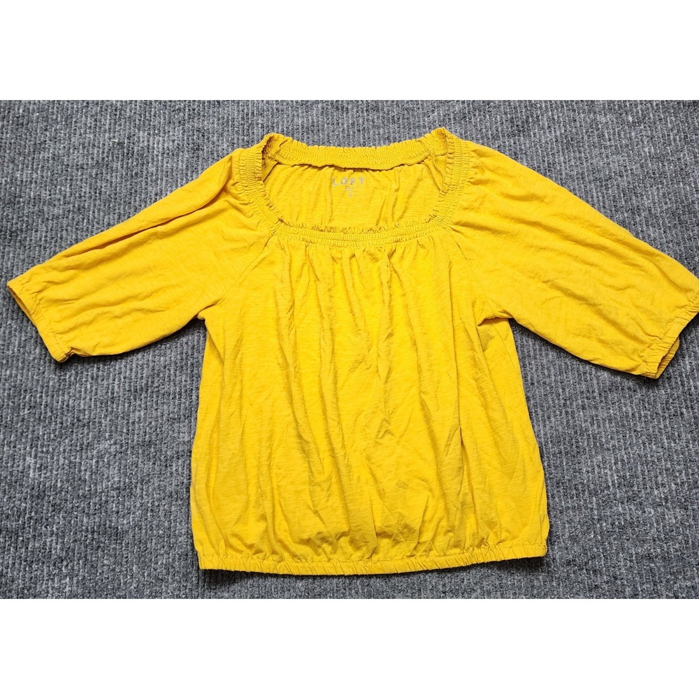 LOFT Mustard Yellow Smocked Square Neck Peasant Blouse 3/4 Sleeve Small